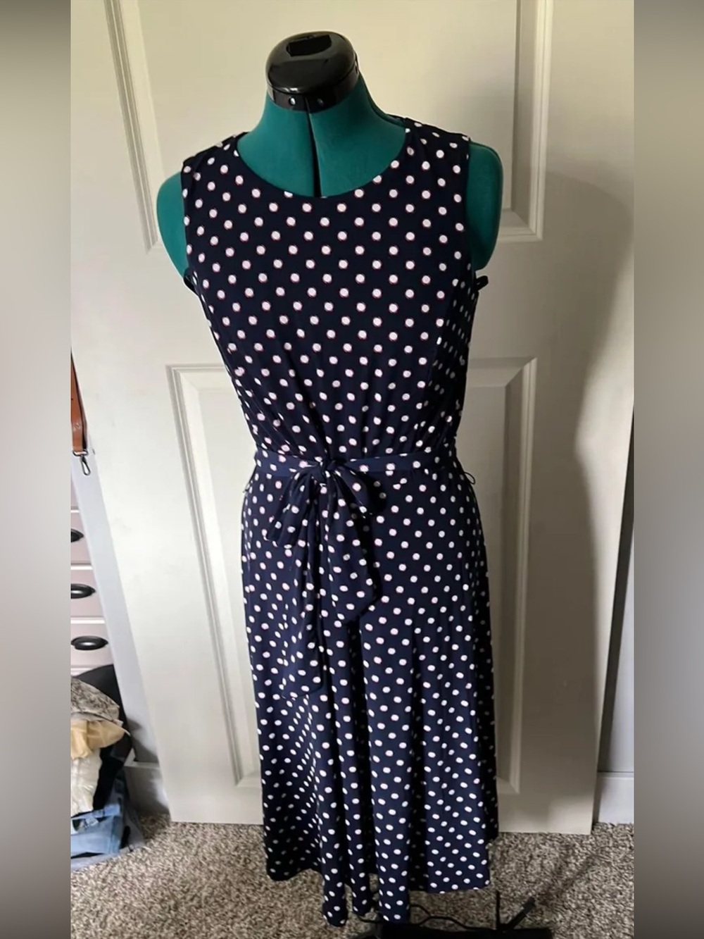 Charter Club Navy and White Polka Dot Sleeveless Midi Dress with Waist Tie